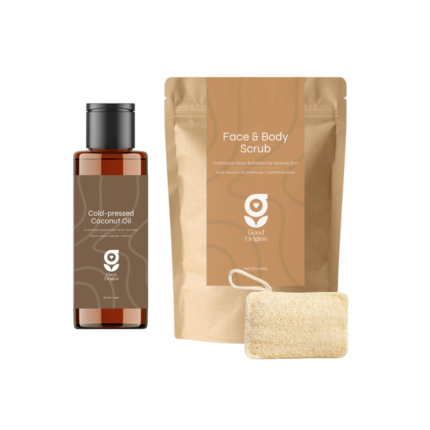 Good Origins Spa Gift Set - Face Body Scrub, Cold Pressed Coconut Oil and Natural Loofah