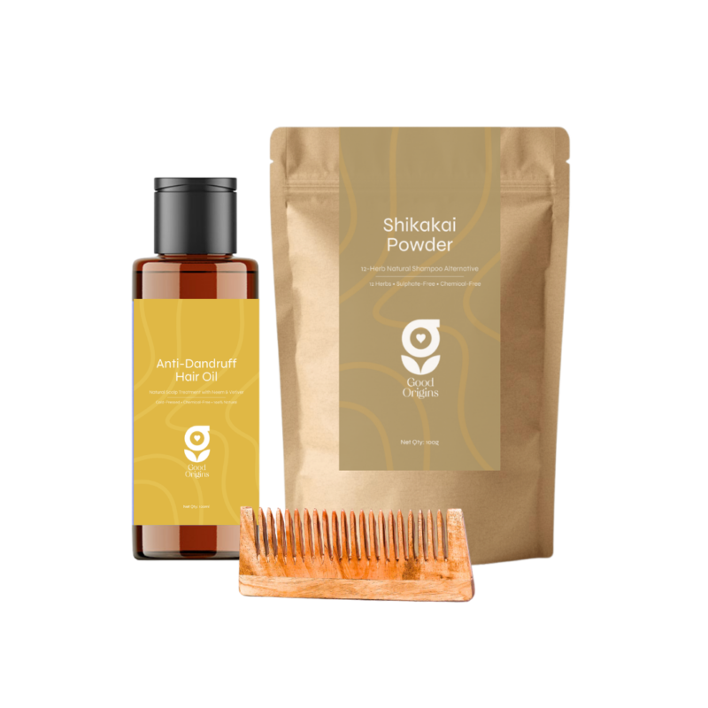 Good Origins Monsoon Hair Care Kit - Anti-Dandruff Oil, Shikakai Powder and Neem Comb Set