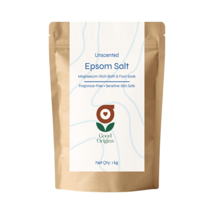 Good Origins unscented epsom salt in a 1kg kraft pouch, pure magnesium sulphate for foot soaks and baths