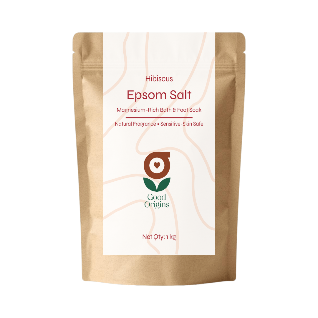 Good Origins hibiscus epsom salt in a 1kg kraft pouch, magnesium sulphate with hibiscus