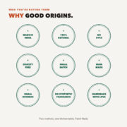 Good Origins promises on Lavender Bath Salt: made in India, 100% natural, no dyes, cruelty free, small batch, mom made, small business, no synthetic fragrance, handmade with love