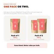 Good Origins Hibiscus Bath Salt is available as a single 300g pouch or a pack of two, giving roughly eight to ten or sixteen to twenty baths