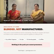 Good Origins founders, two mothers who blend and pack every pouch of Hibiscus Bath Salt by hand in small batches in Tamil Nadu