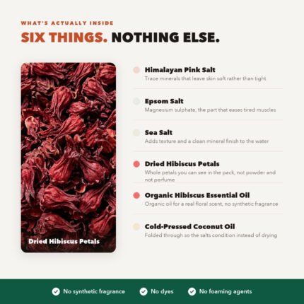 Ingredients in Good Origins Hibiscus Bath Salt: Epsom salt, Himalayan pink salt, sea salt, dried hibiscus petals, hibiscus essential oil and cold pressed coconut oil