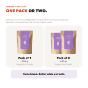 Good Origins Lavender Bath Salt is available as a single 300g pouch or a pack of two, giving roughly eight to ten or sixteen to twenty baths