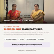 Good Origins founders, two mothers who blend and pack every pouch of Lavender Bath Salt by hand in small batches in Tamil Nadu
