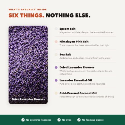 Ingredients in Good Origins Lavender Bath Salt: Epsom salt, Himalayan pink salt, sea salt, dried lavender flowers, lavender essential oil and cold pressed coconut oil