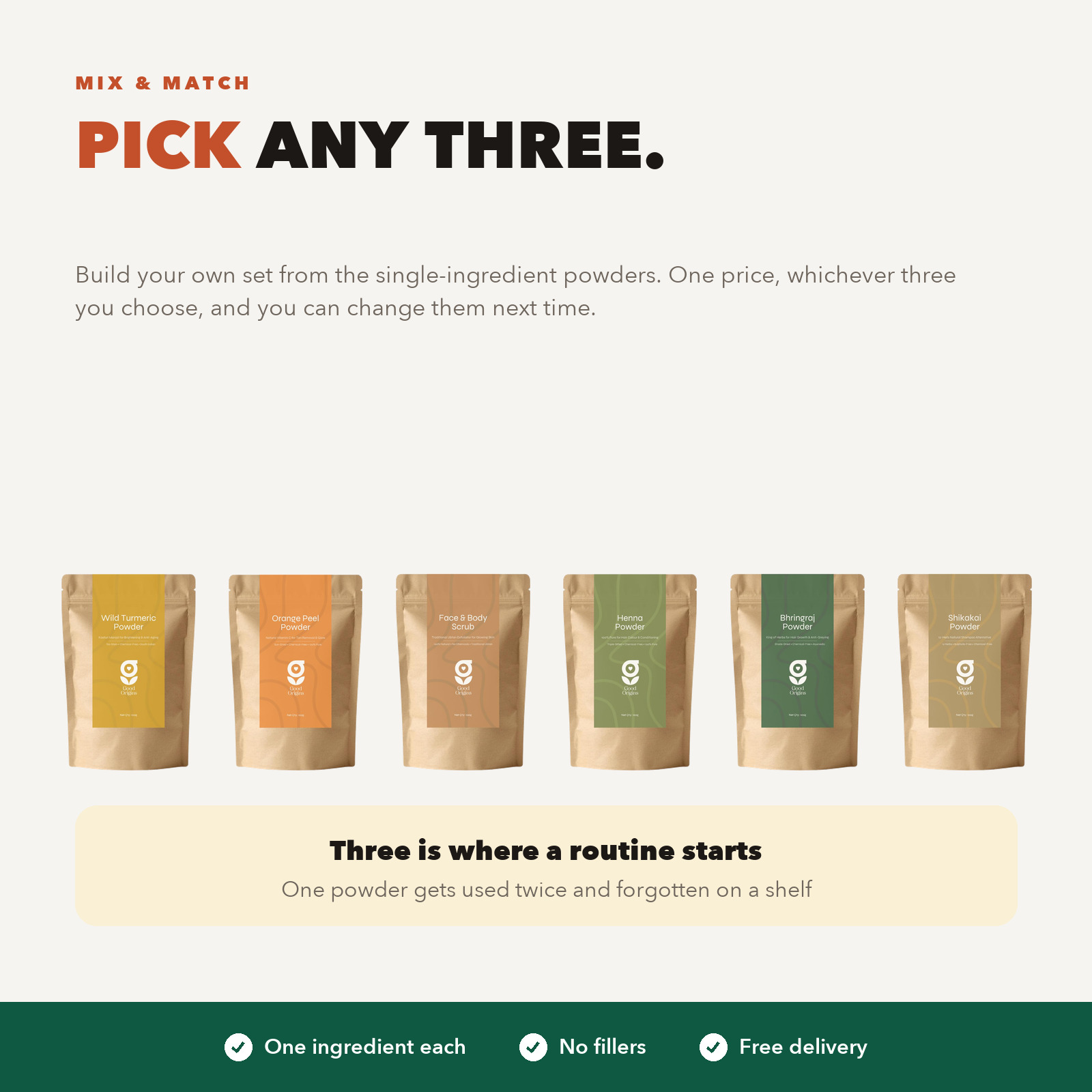 Good Origins pick any 3 combo: wild turmeric, orange peel, ubtan scrub, henna, bhringraj and shikakai powders