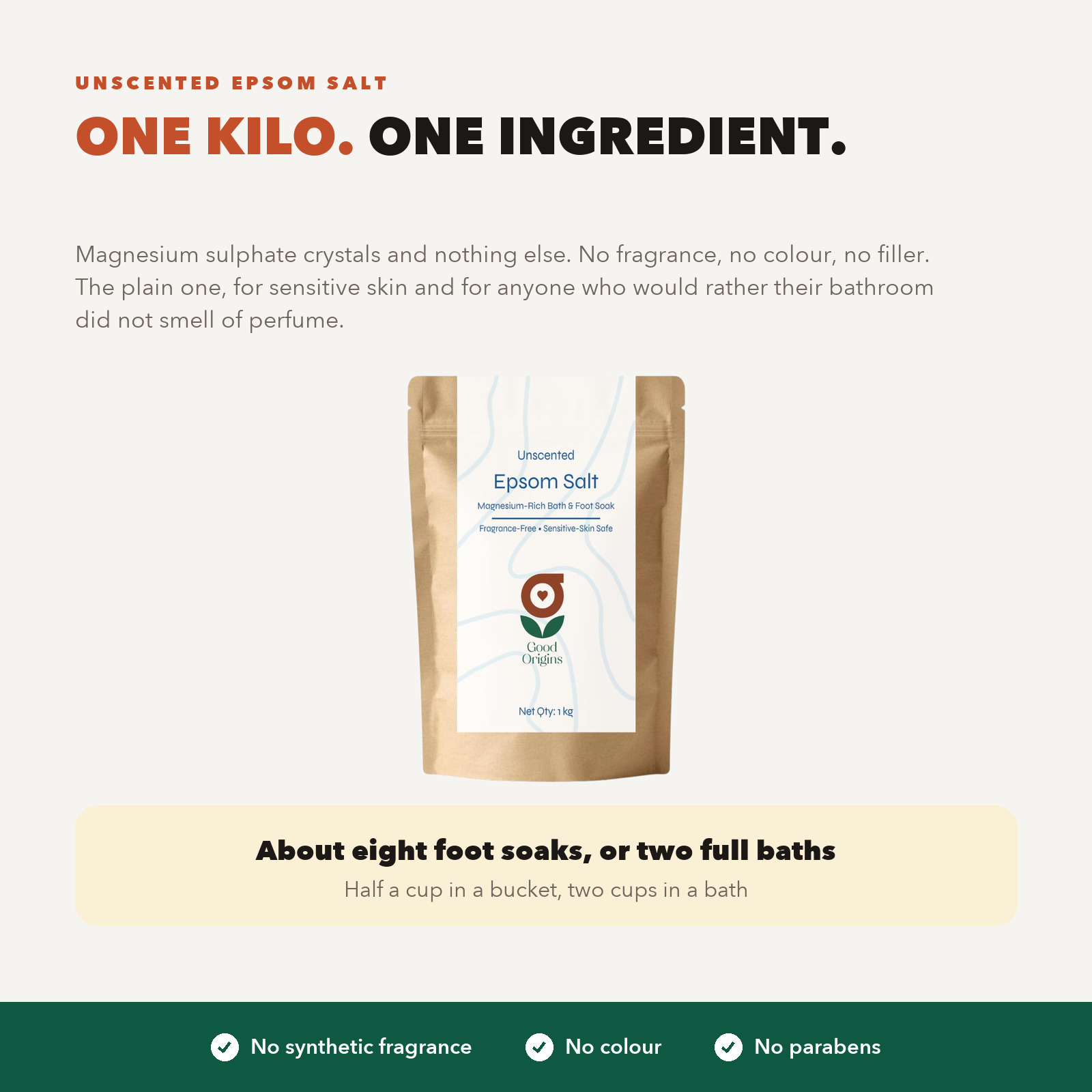 Good Origins unscented epsom salt, a 1kg pouch of magnesium sulphate, plain magnesium sulphate with nothing added