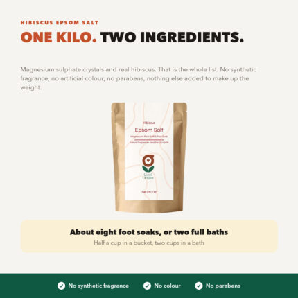 Good Origins hibiscus epsom salt, a 1kg pouch of magnesium sulphate, hibiscus for a soft, floral soak