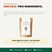 Good Origins lavender epsom salt, a 1kg pouch of magnesium sulphate, lavender essential oil for an evening soak